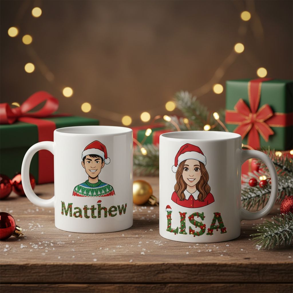 🎄 Personalized Christmas Cartoon Portrait Mug – Custom Holiday Gift